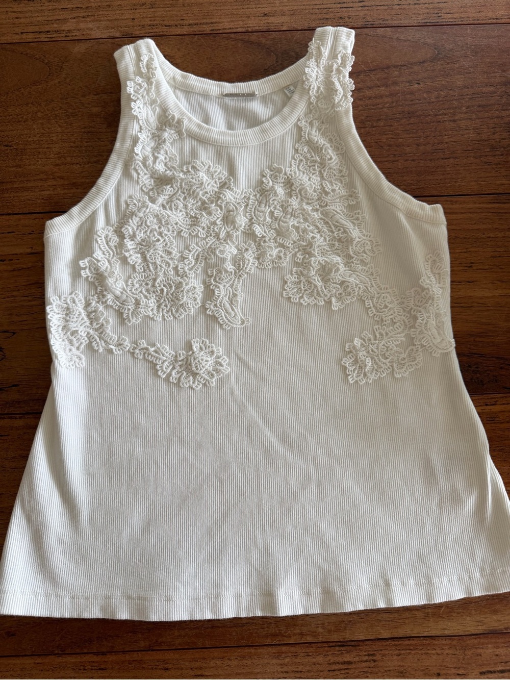Elie Tahari White Thick Ribbed Tank with Lace Applique / cotton spandex / Med